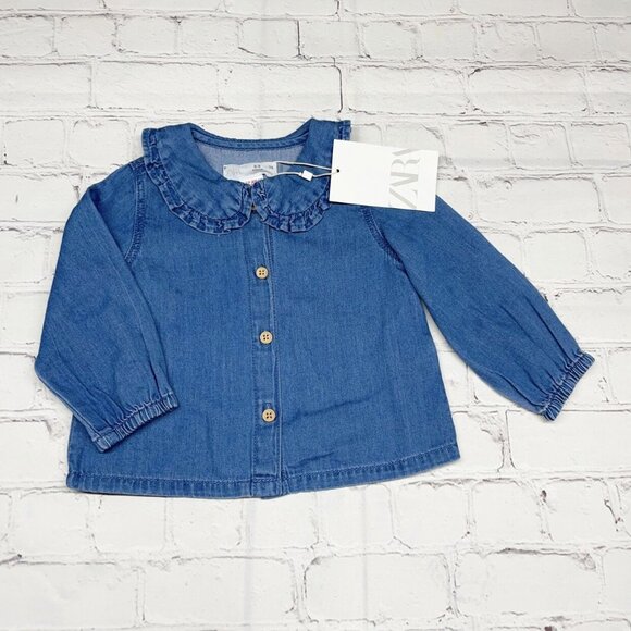 NEW Zara 6-9 mos Ruffle Collared Chambray Denim Button Up 100% Cotton - Picture 2 of 7